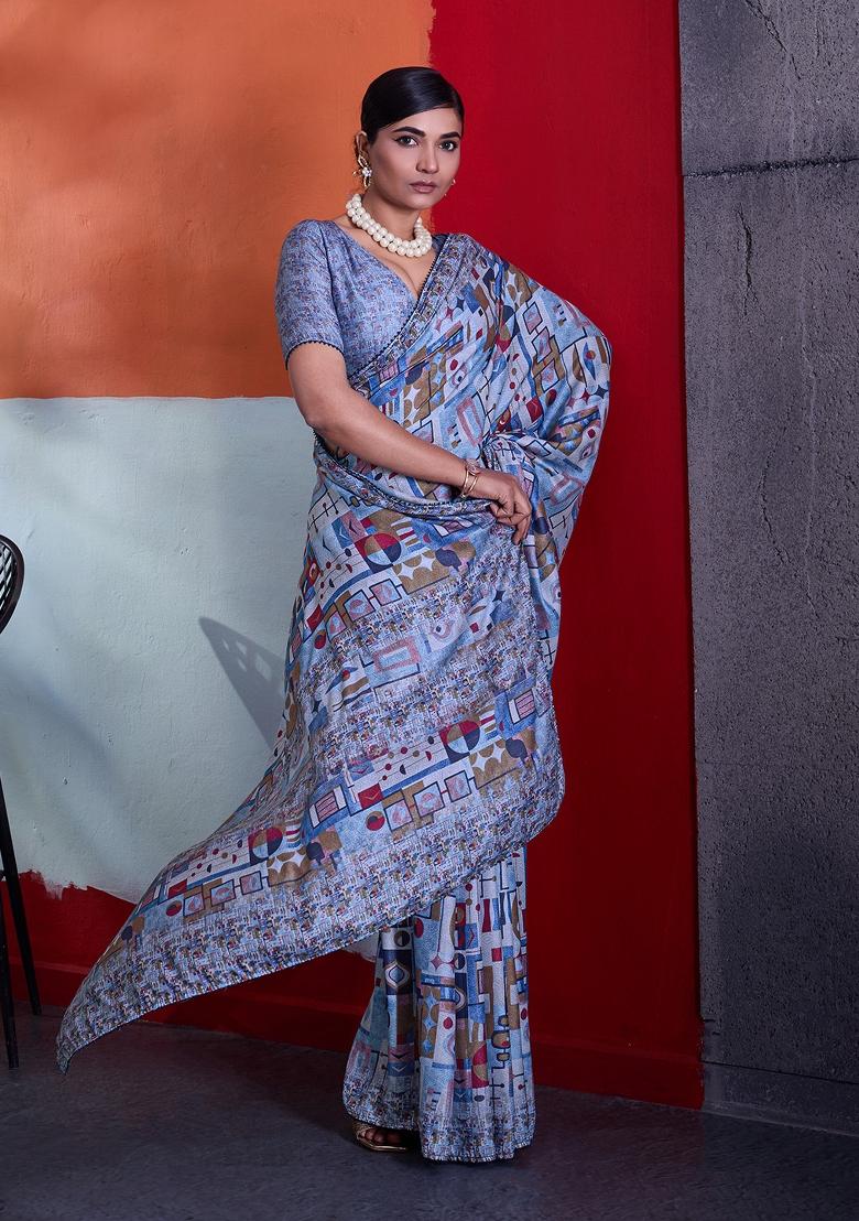 Blue Printed Crepe Saree Set - Indya