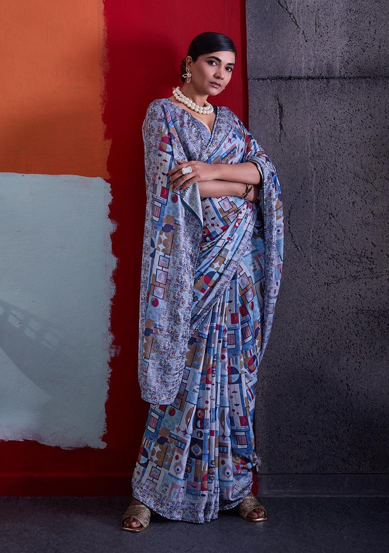 Blue Printed Crepe Saree Set - Indya