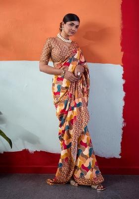 Multicolor Printed Crepe Saree Set