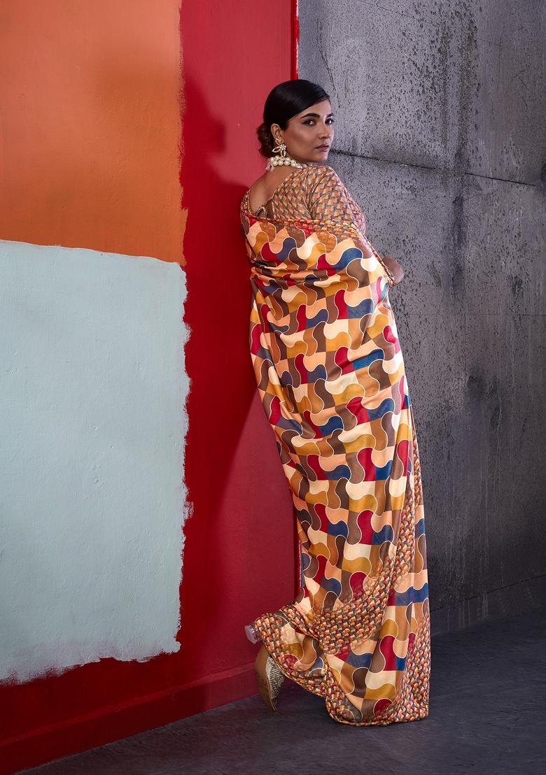 Multicolor Printed Crepe Saree Set - Indya