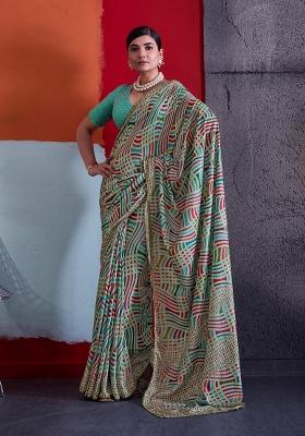 Multicolor Printed Crepe Saree Set