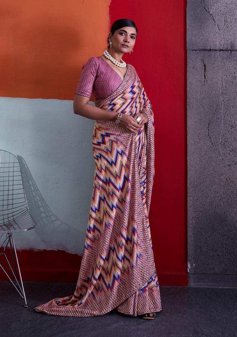Multicolor Printed Crepe Saree Set - Indya