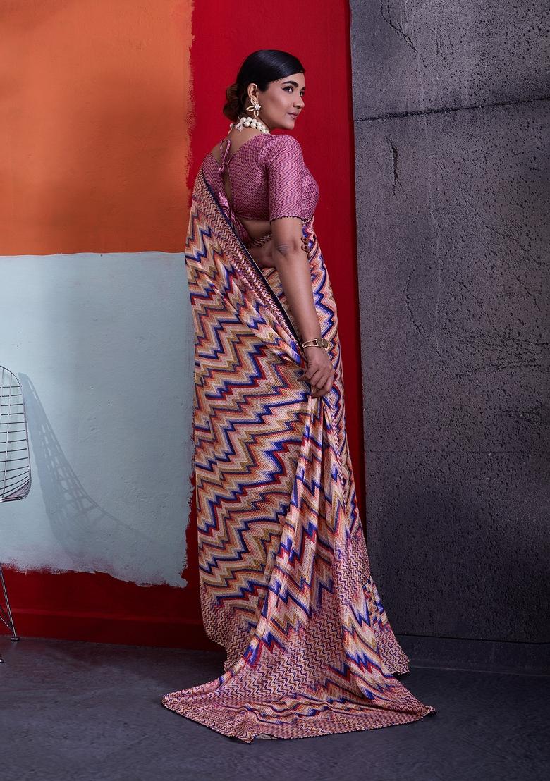 Multicolor Printed Crepe Saree Set - Indya