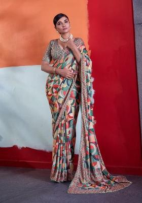 Multicolor Printed Crepe Saree Set