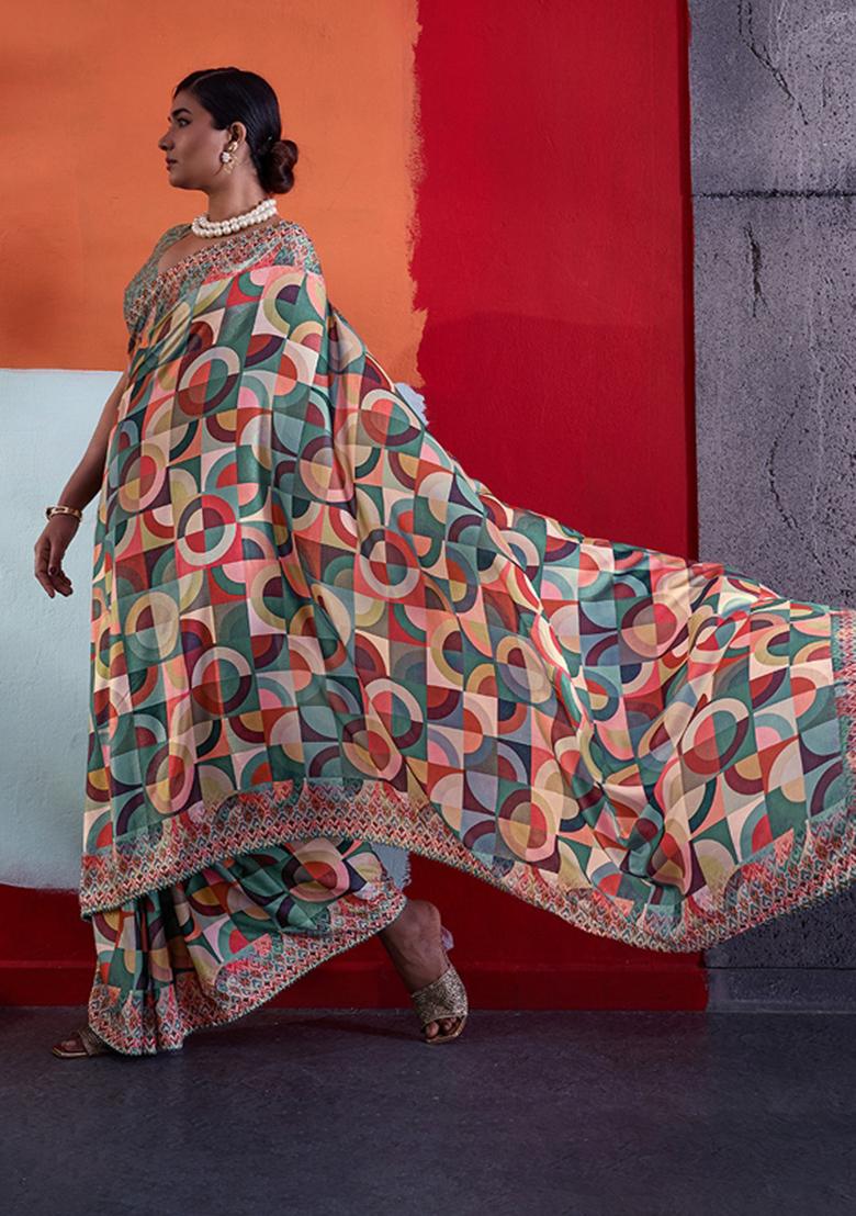 Multicolor Printed Crepe Saree Set - Indya