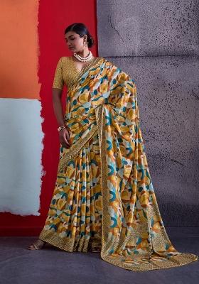 Mustard Printed Crepe Saree Set