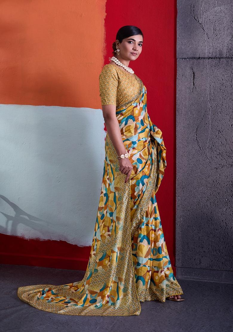 Mustard Printed Crepe Saree Set - Indya