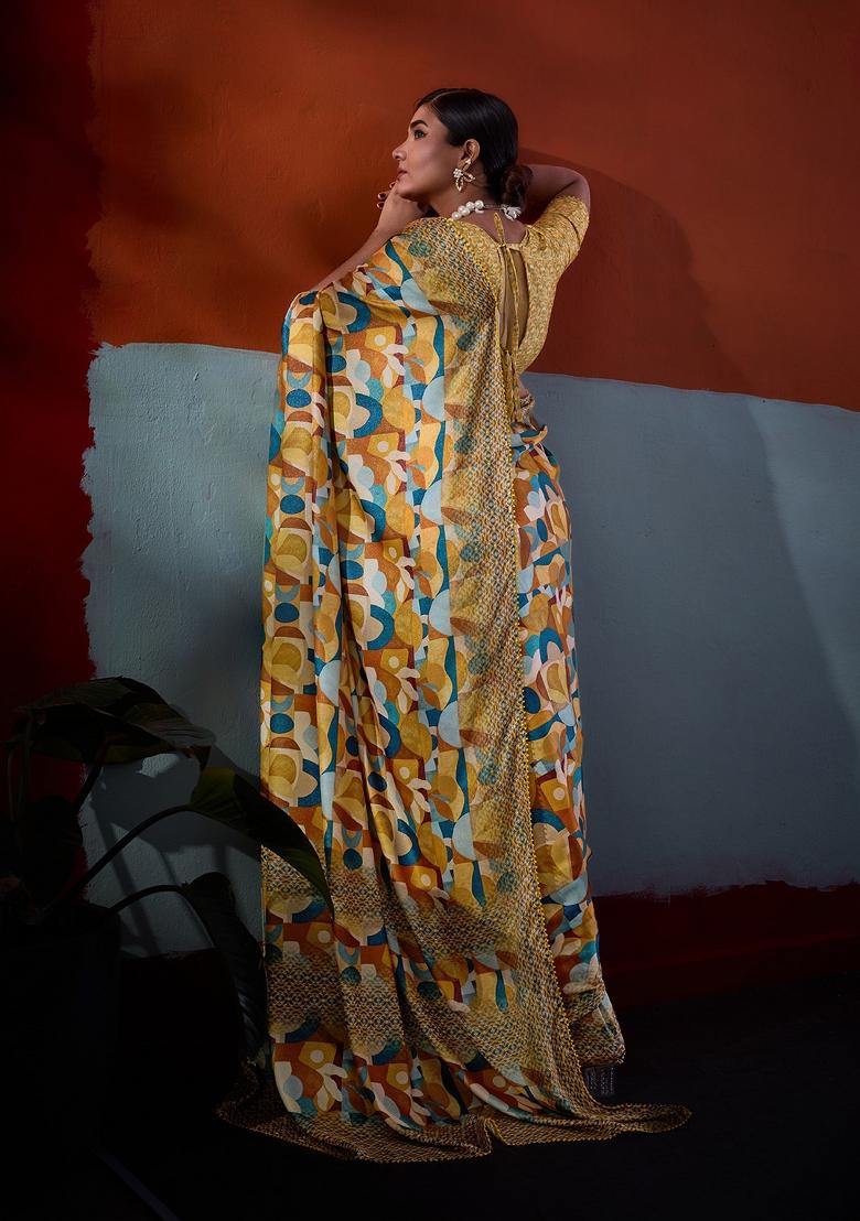 Mustard Printed Crepe Saree Set - Indya