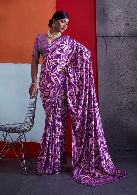 Purple Printed Crepe Saree Set