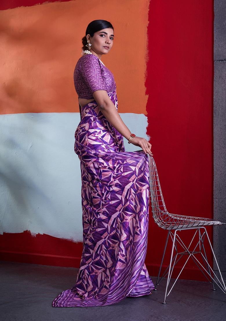 Purple Printed Crepe Saree Set - Indya