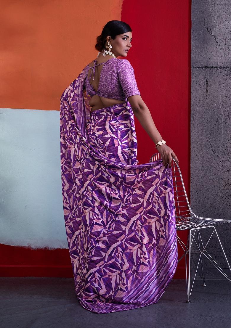 Purple Printed Crepe Saree Set - Indya