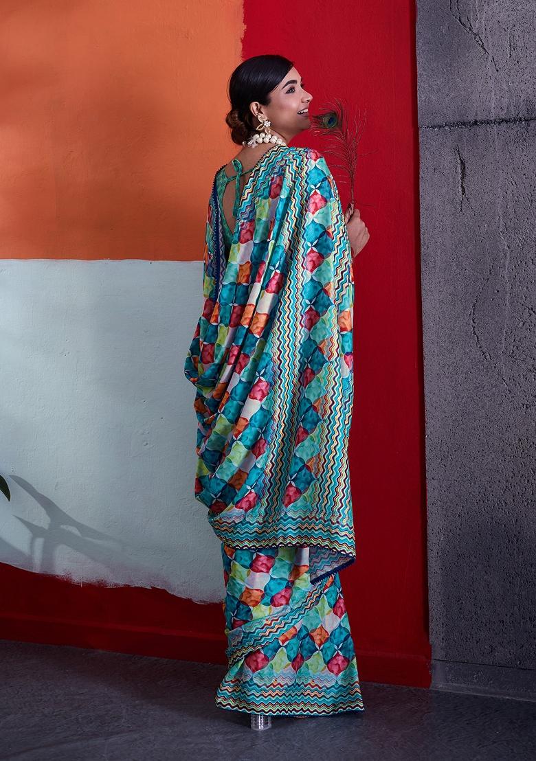 Green Printed Crepe Saree Set - Indya