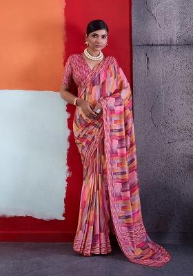 Pink Printed Crepe Saree Set