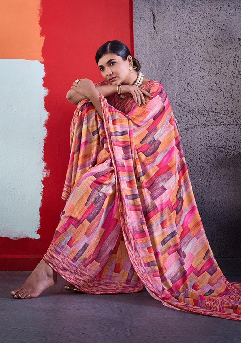 Pink Printed Crepe Saree Set - Indya