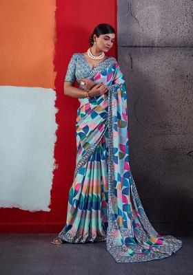 Blue Printed Crepe Saree Set