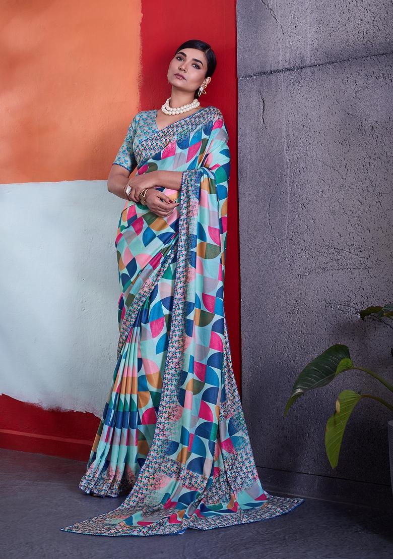 Blue Printed Crepe Saree Set - Indya