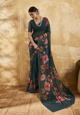 Dark Green Printed Georgette Saree Set
