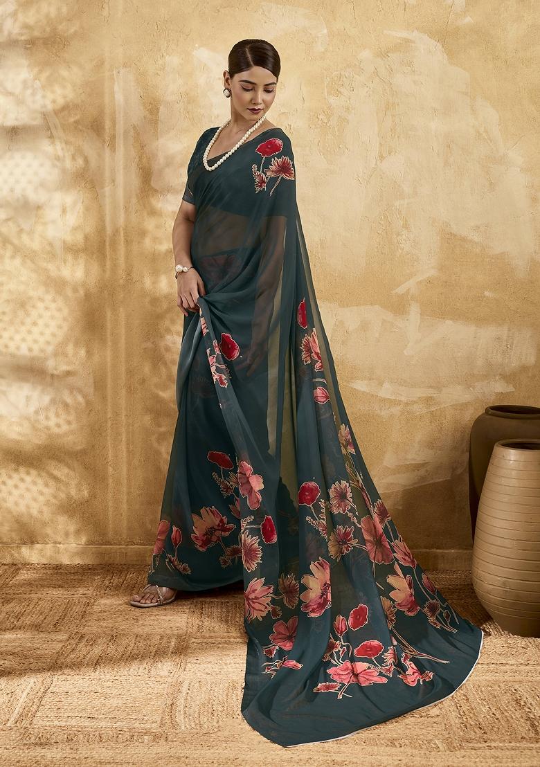Dark Green Printed Georgette Saree Set - Indya