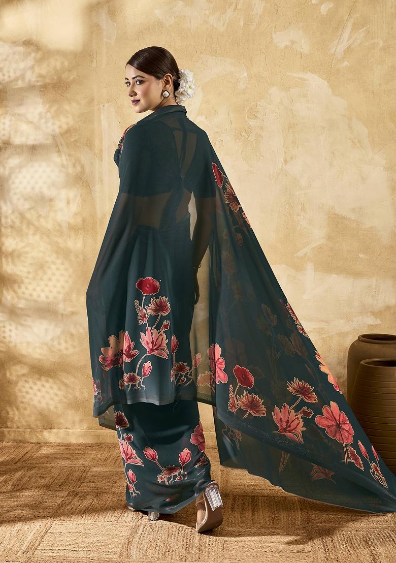 Dark Green Printed Georgette Saree Set - Indya