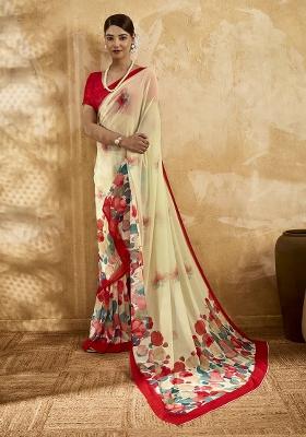 Beige Printed Georgette Saree Set