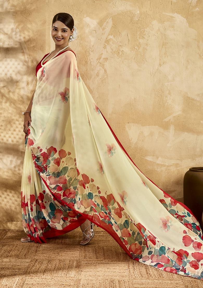 Beige Printed Georgette Saree Set - Indya