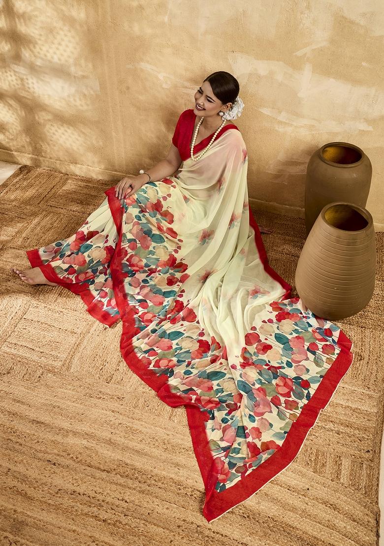 Beige Printed Georgette Saree Set - Indya