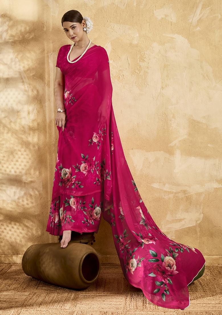 Pink Printed Georgette Saree Set - Indya