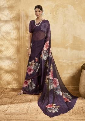 Purple Printed Georgette Saree Set