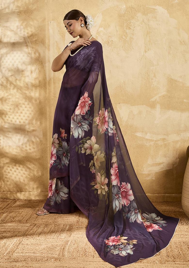 Purple Printed Georgette Saree Set - Indya