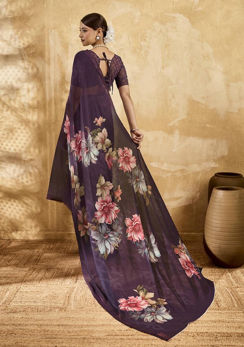 Purple Printed Georgette Saree Set - Indya