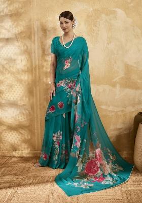 Green Printed Georgette Saree Set