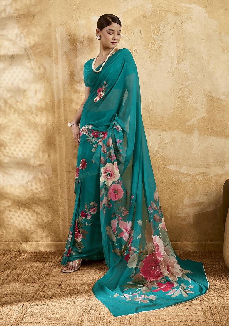 Green Printed Georgette Saree Set - Indya