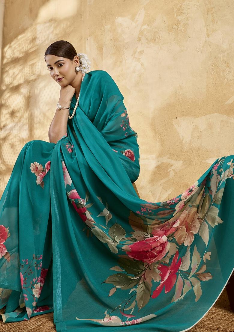 Green Printed Georgette Saree Set - Indya