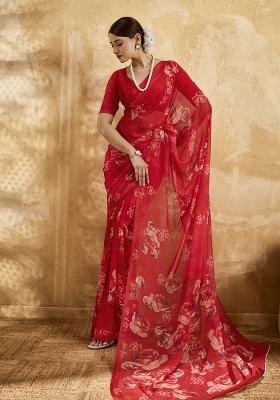 Red Printed Georgette Saree Set