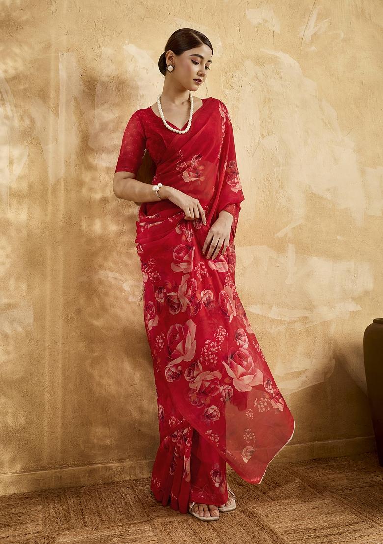Red Printed Georgette Saree Set - Indya