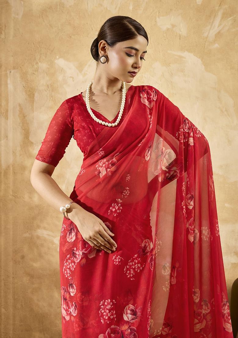 Red Printed Georgette Saree Set - Indya