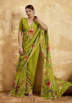 Green Printed Georgette Saree Set