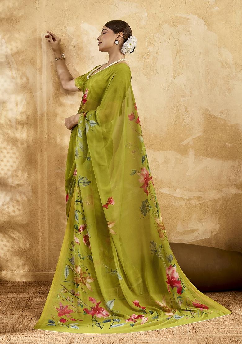 Green Printed Georgette Saree Set - Indya