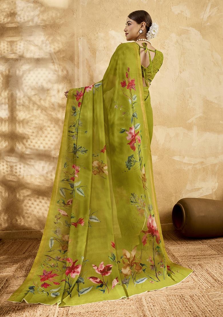Green Printed Georgette Saree Set - Indya