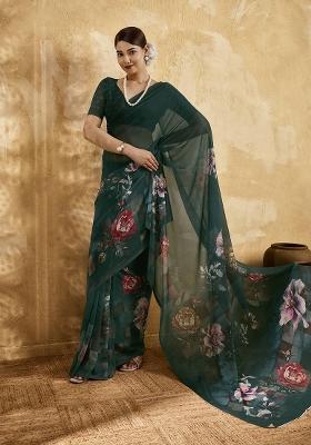 Bottle Green Printed Georgette Saree Set