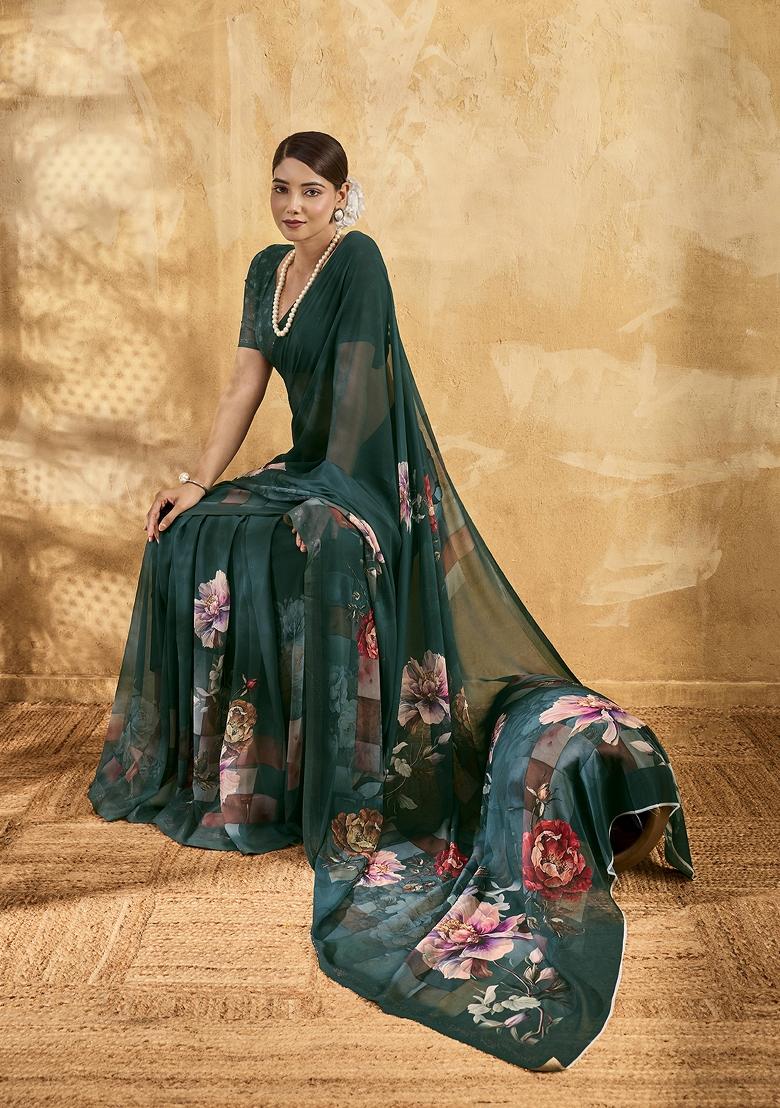 Bottle Green Printed Georgette Saree Set - Indya