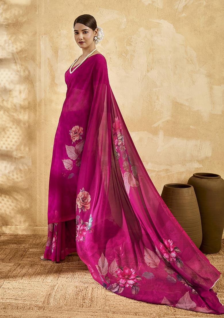 Pink Printed Georgette Saree Set - Indya
