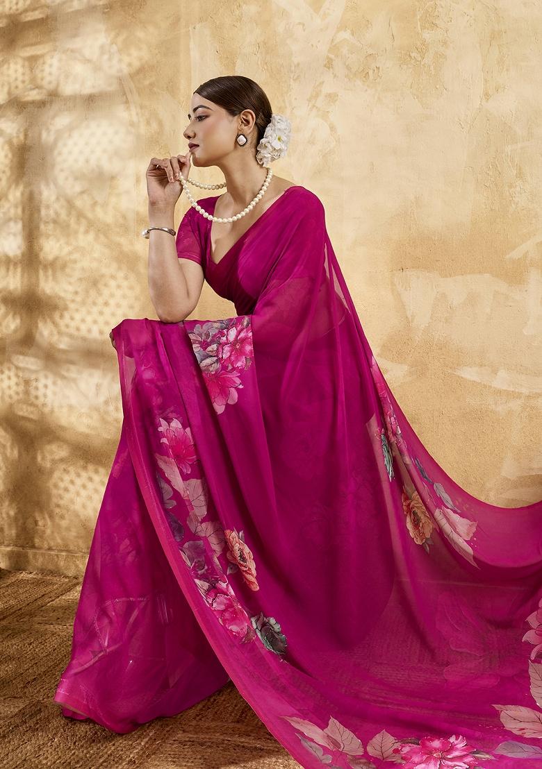 Pink Printed Georgette Saree Set - Indya