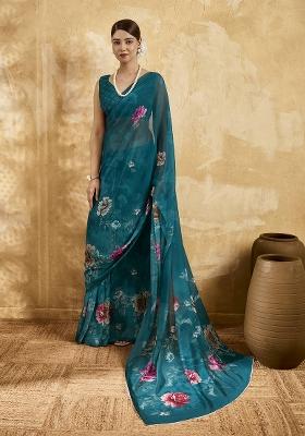 Green Printed Georgette Saree Set