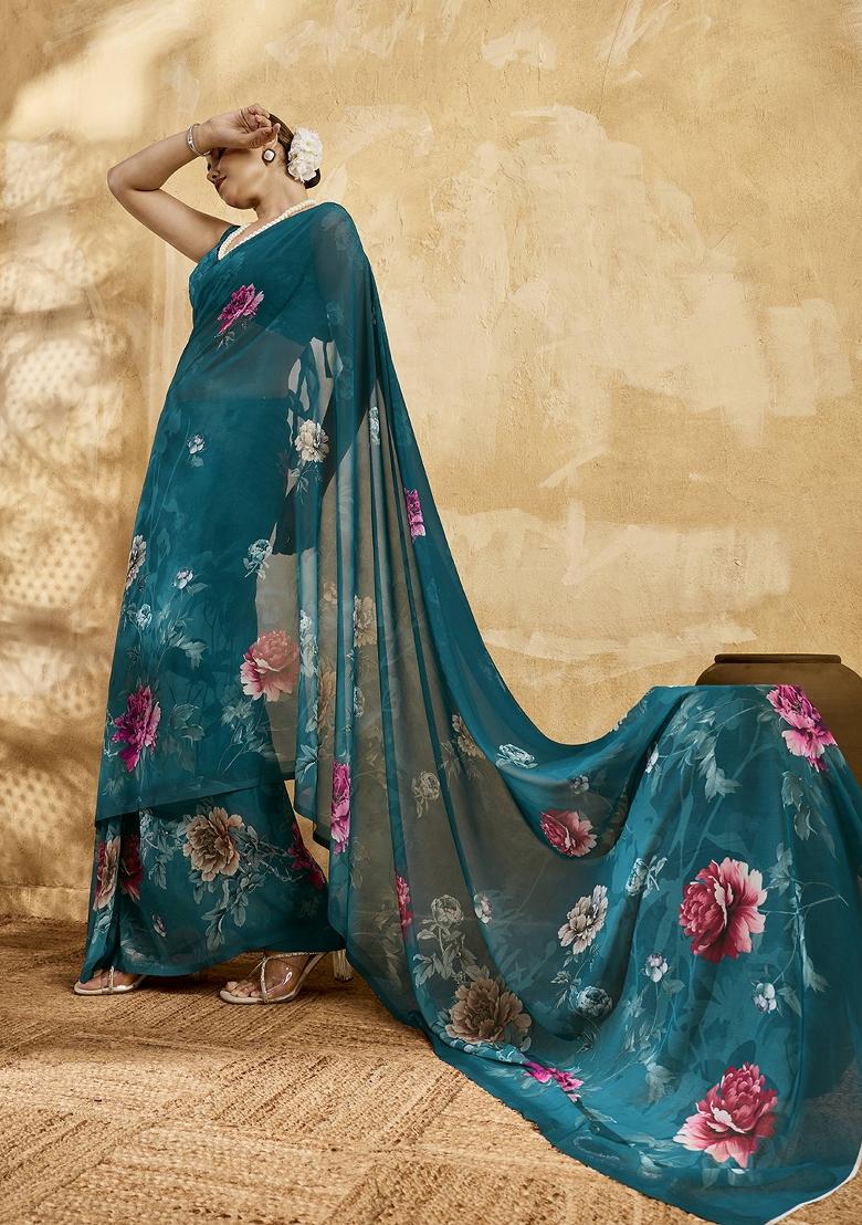 Green Printed Georgette Saree Set - Indya