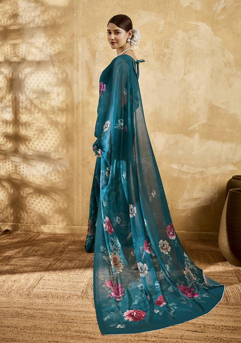 Green Printed Georgette Saree Set - Indya