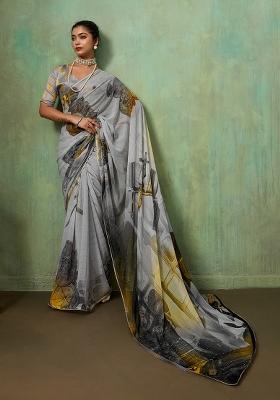 Grey Printed Georgette Saree Set