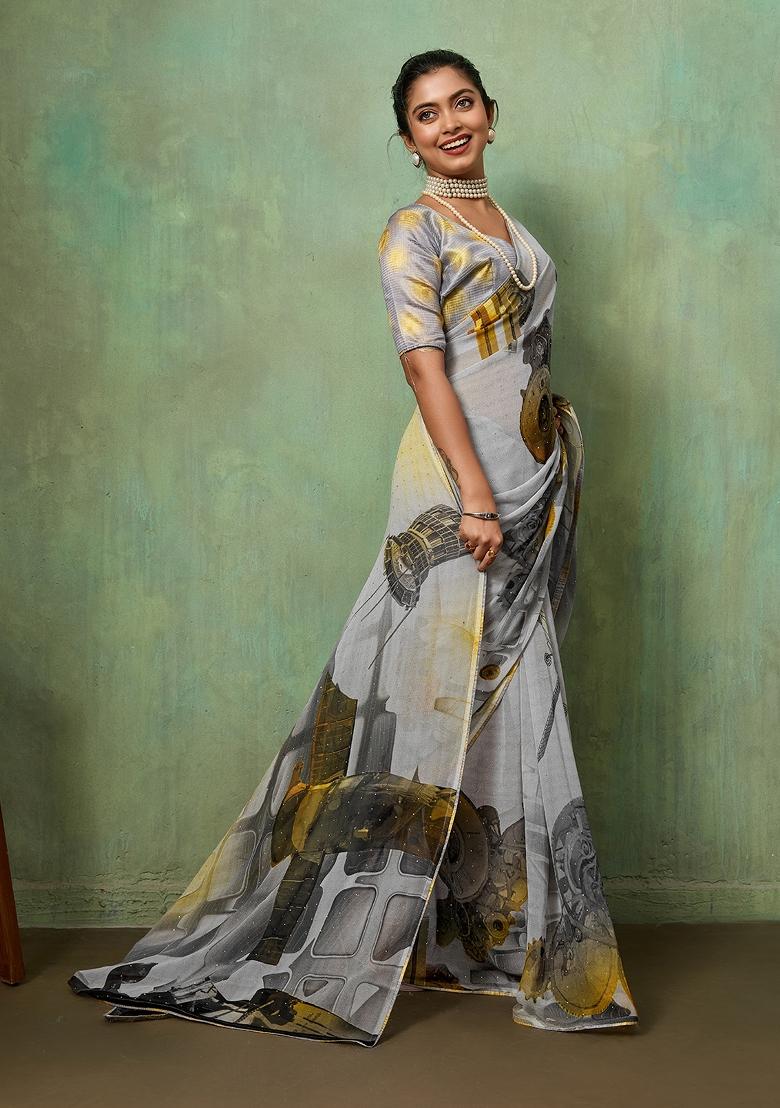 Grey Printed Georgette Saree Set - Indya