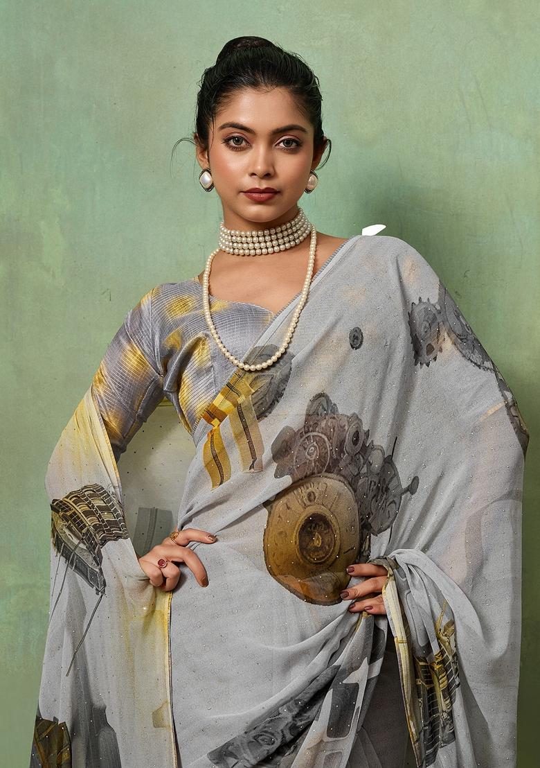 Grey Printed Georgette Saree Set - Indya