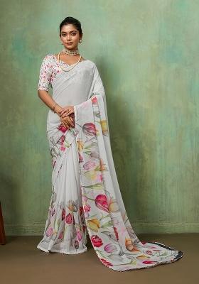 White Printed Georgette Saree Set
